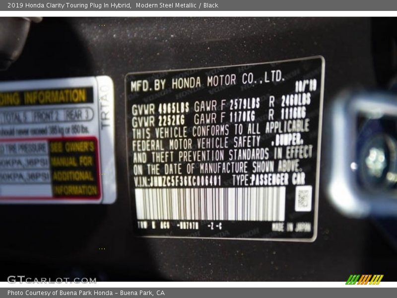 Modern Steel Metallic / Black 2019 Honda Clarity Touring Plug In Hybrid