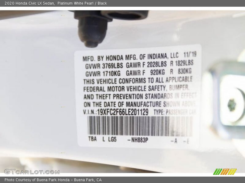 Platinum White Pearl / Black 2020 Honda Civic LX Sedan