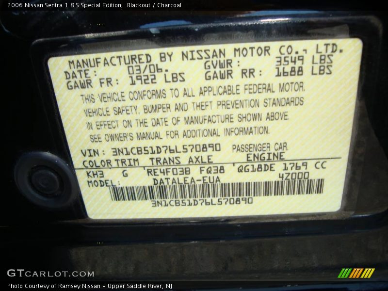 Blackout / Charcoal 2006 Nissan Sentra 1.8 S Special Edition