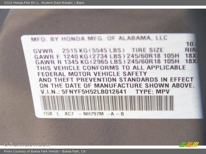 Modern Steel Metallic / Black 2020 Honda Pilot EX-L