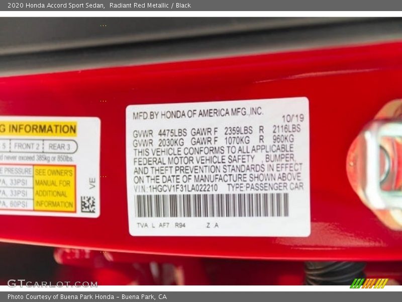 2020 Accord Sport Sedan Radiant Red Metallic Color Code R94