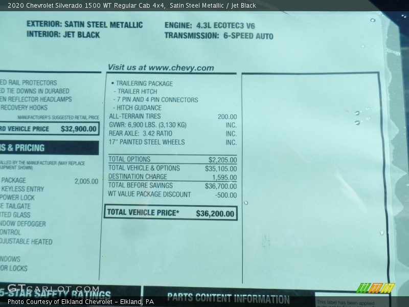 Satin Steel Metallic / Jet Black 2020 Chevrolet Silverado 1500 WT Regular Cab 4x4