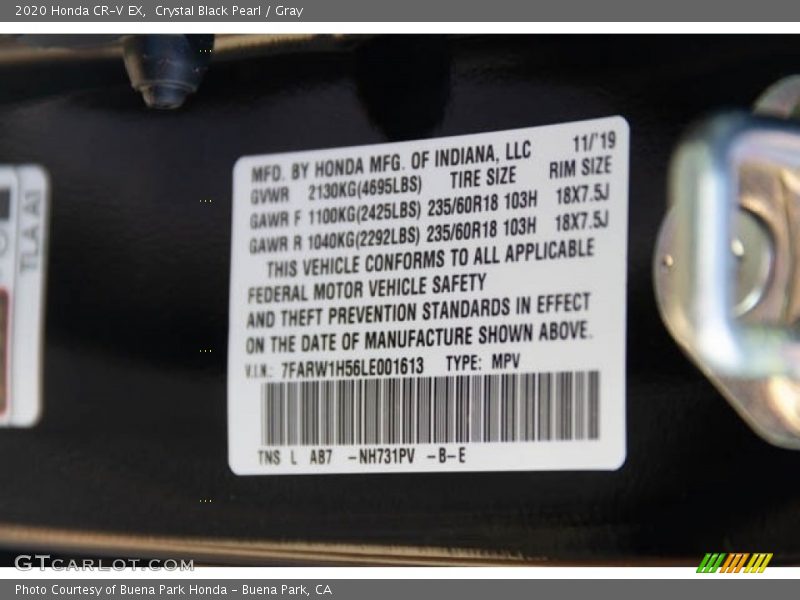2020 CR-V EX Crystal Black Pearl Color Code NH731PV