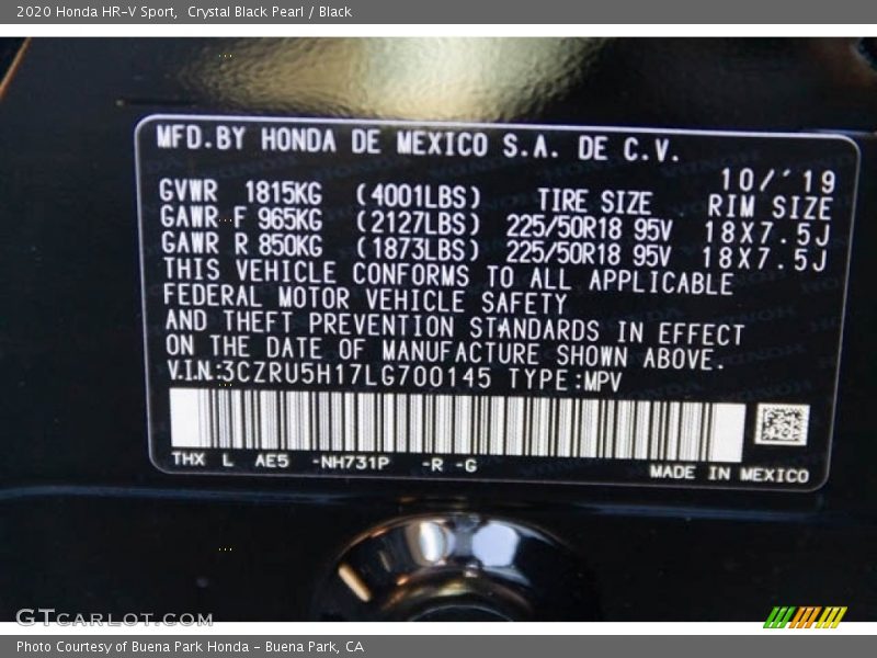 2020 HR-V Sport Crystal Black Pearl Color Code NH731P