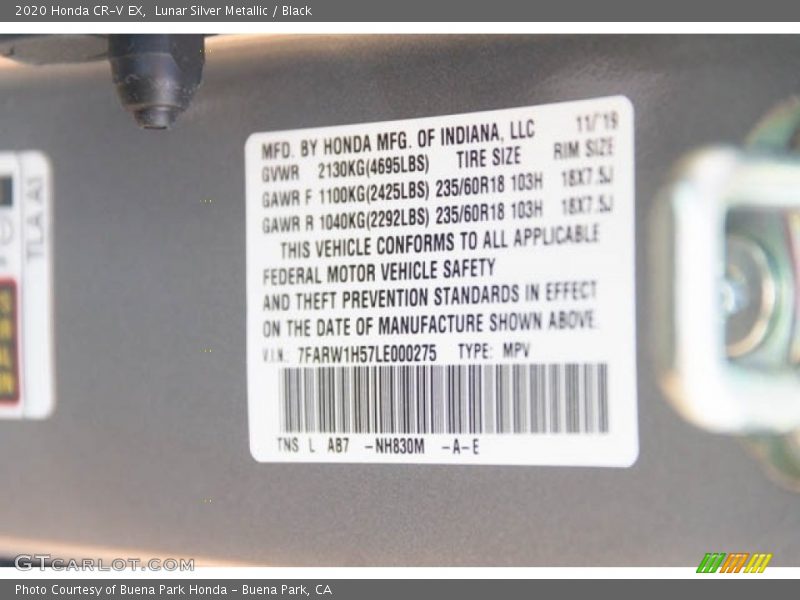 2020 CR-V EX Lunar Silver Metallic Color Code NH830M