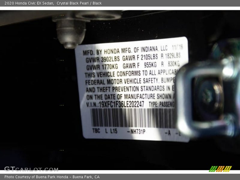 Crystal Black Pearl / Black 2020 Honda Civic EX Sedan