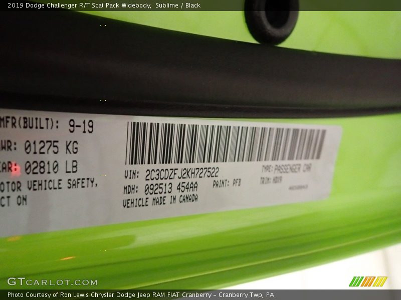 2019 Challenger R/T Scat Pack Widebody Sublime Color Code PFB