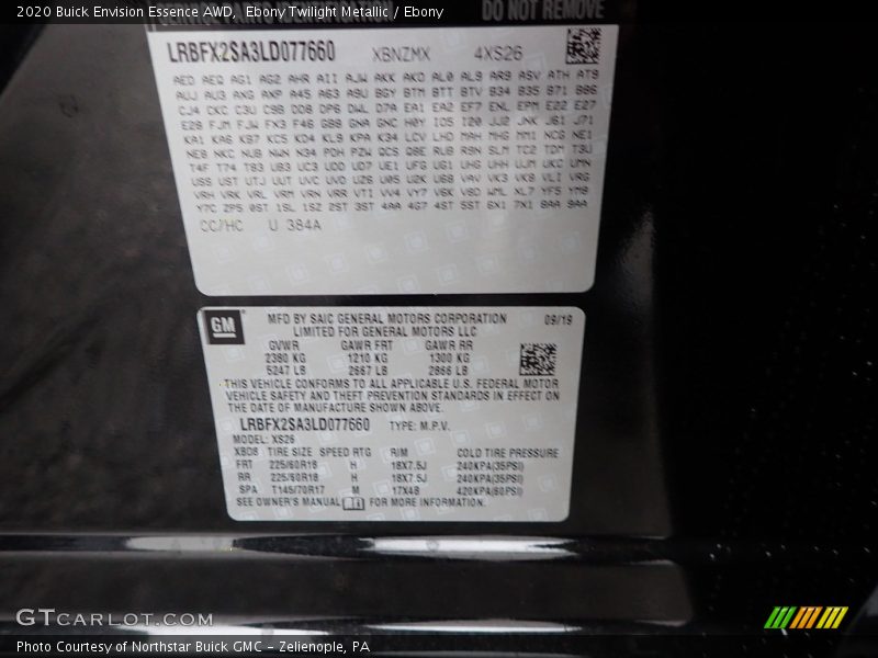 2020 Envision Essence AWD Ebony Twilight Metallic Color Code 384A