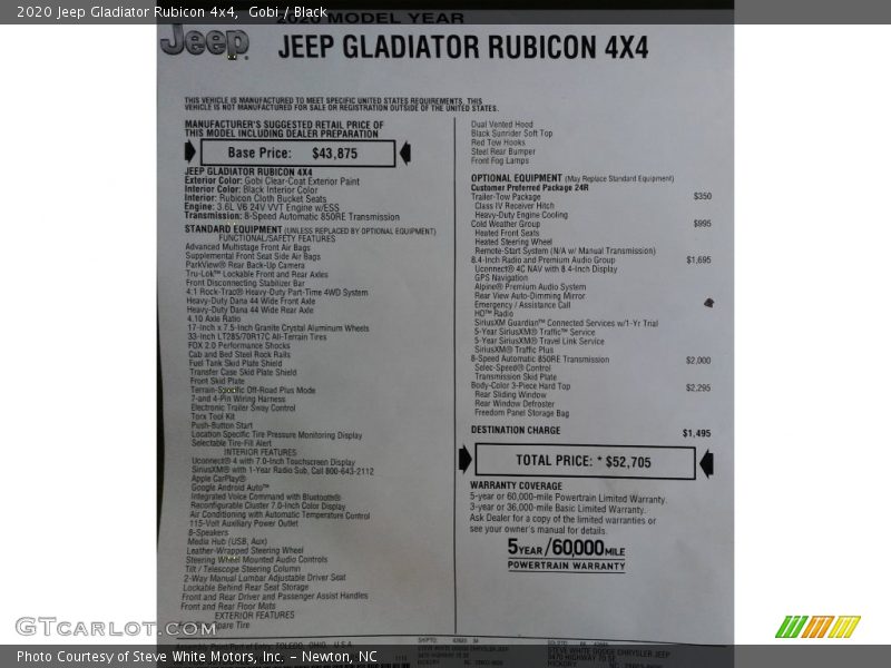  2020 Gladiator Rubicon 4x4 Window Sticker