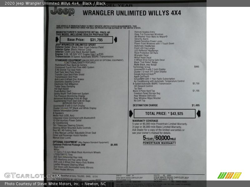 Black / Black 2020 Jeep Wrangler Unlimited Willys 4x4