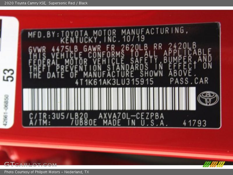 2020 Camry XSE Supersonic Red Color Code 3U5