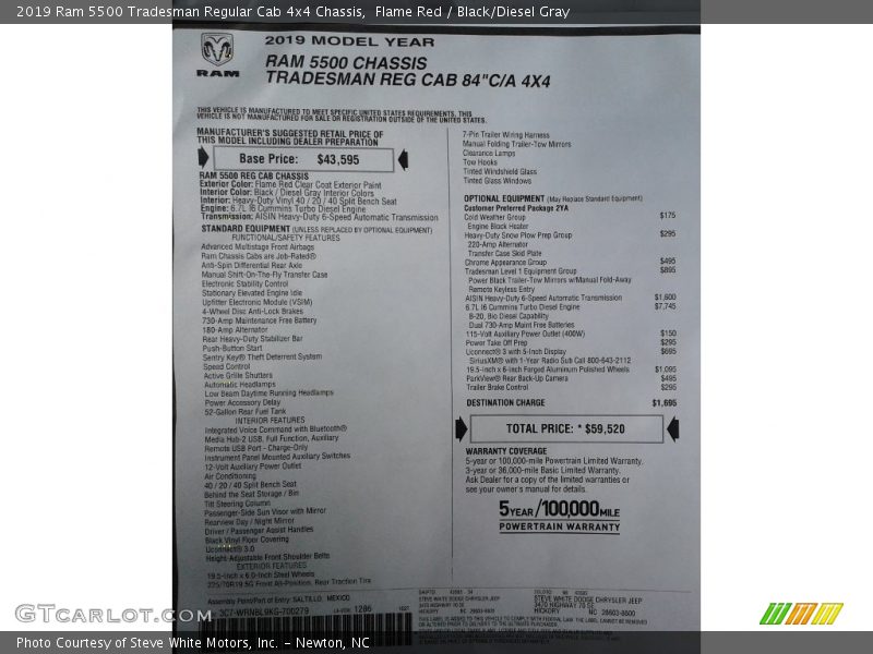  2019 5500 Tradesman Regular Cab 4x4 Chassis Window Sticker