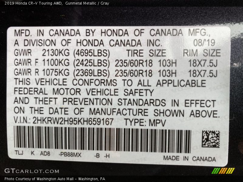 2019 CR-V Touring AWD Gunmetal Metallic Color Code PB88MX