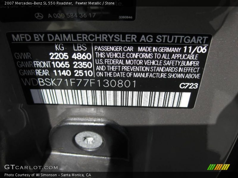 Pewter Metallic / Stone 2007 Mercedes-Benz SL 550 Roadster
