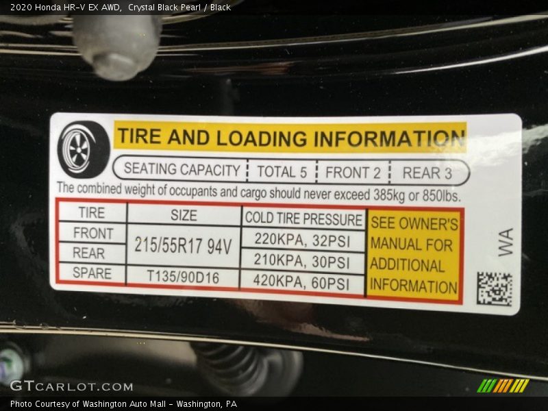 Info Tag of 2020 HR-V EX AWD