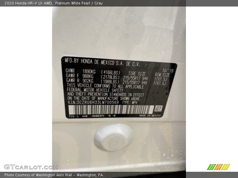 Platinum White Pearl / Gray 2020 Honda HR-V LX AWD