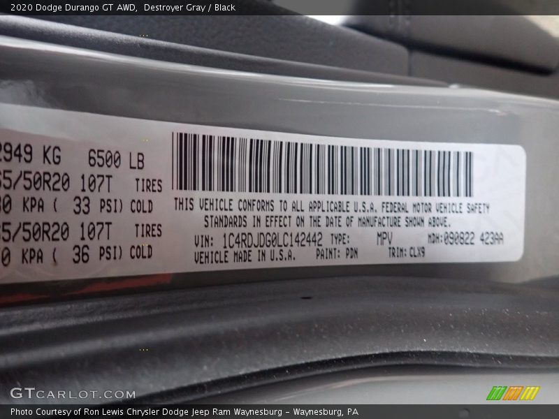 Destroyer Gray / Black 2020 Dodge Durango GT AWD