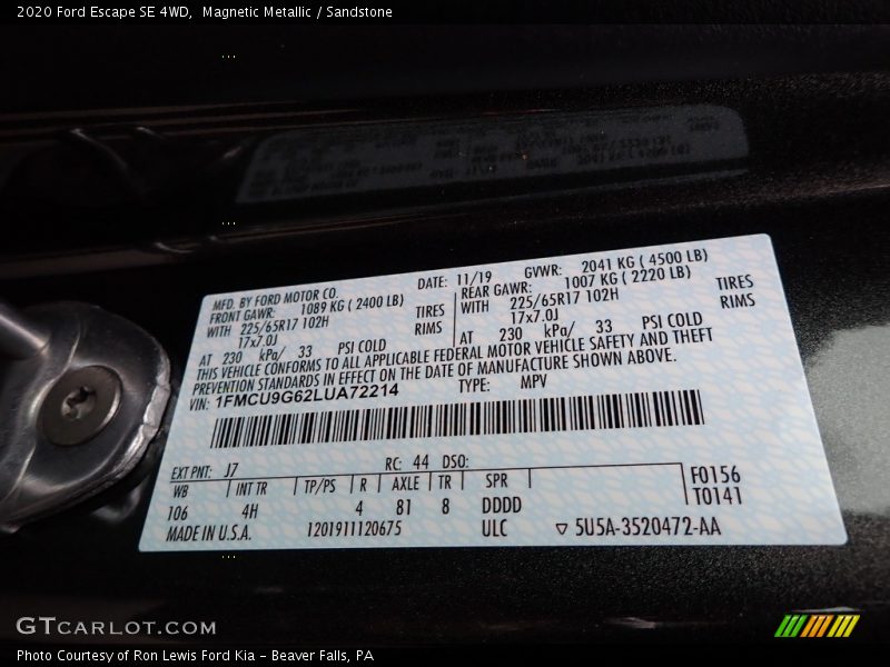 2020 Escape SE 4WD Magnetic Metallic Color Code J7