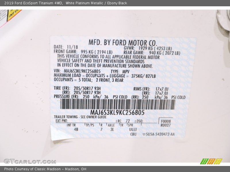 White Platinum Metallic / Ebony Black 2019 Ford EcoSport Titanium 4WD