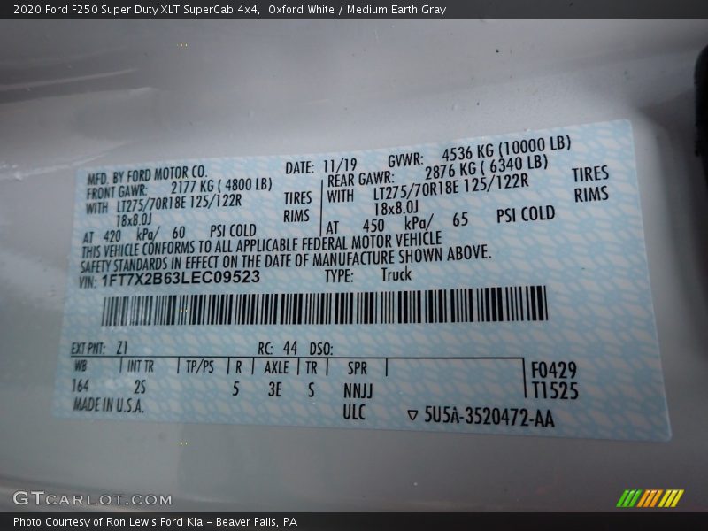 2020 F250 Super Duty XLT SuperCab 4x4 Oxford White Color Code Z1