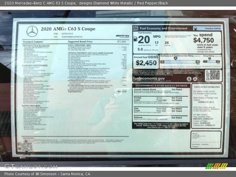  2020 C AMG 63 S Coupe Window Sticker