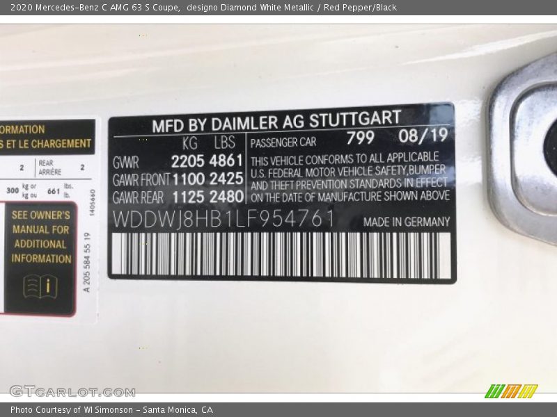 2020 C AMG 63 S Coupe designo Diamond White Metallic Color Code 799