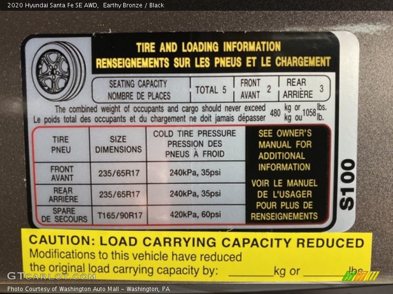 Info Tag of 2020 Santa Fe SE AWD