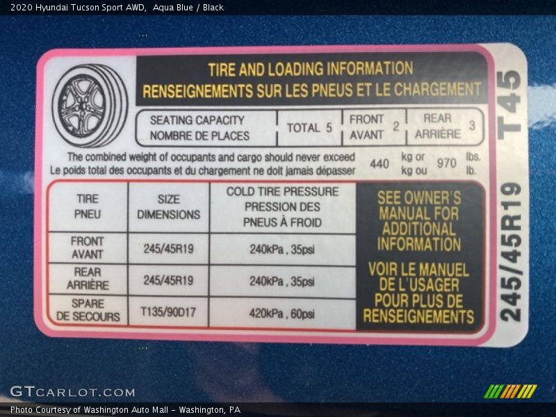 Info Tag of 2020 Tucson Sport AWD
