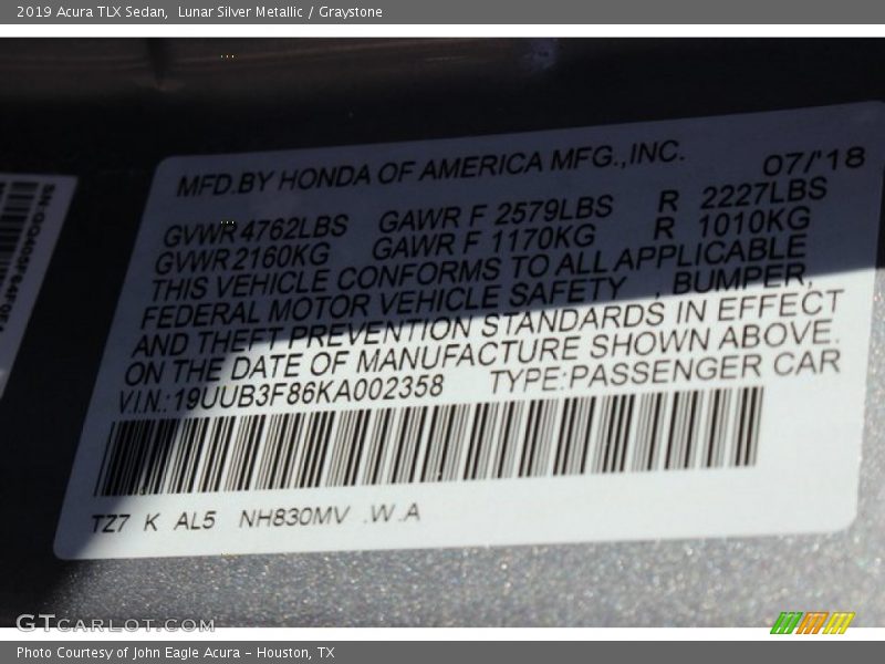 2019 TLX Sedan Lunar Silver Metallic Color Code NH830MV