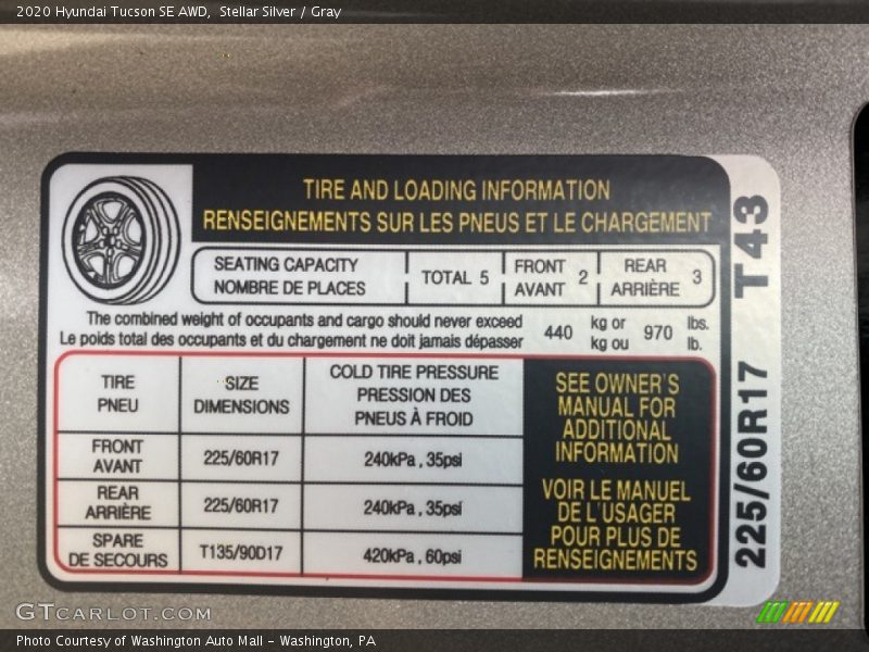 Info Tag of 2020 Tucson SE AWD