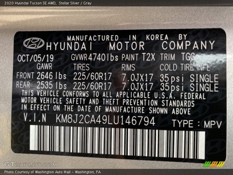 2020 Tucson SE AWD Stellar Silver Color Code T2X