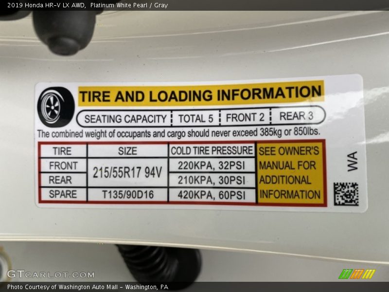 Platinum White Pearl / Gray 2019 Honda HR-V LX AWD