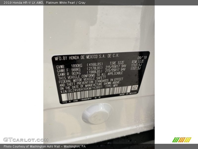 Platinum White Pearl / Gray 2019 Honda HR-V LX AWD