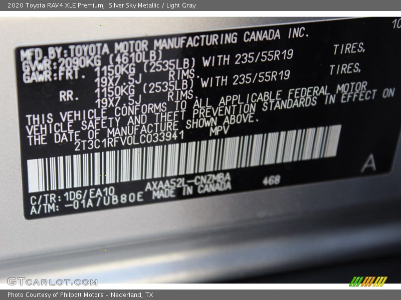 Silver Sky Metallic / Light Gray 2020 Toyota RAV4 XLE Premium