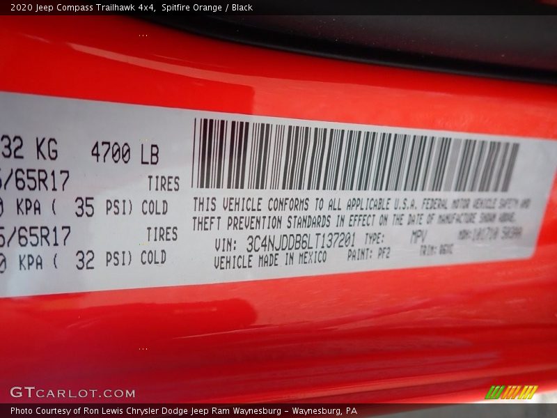 2020 Compass Trailhawk 4x4 Spitfire Orange Color Code PF2