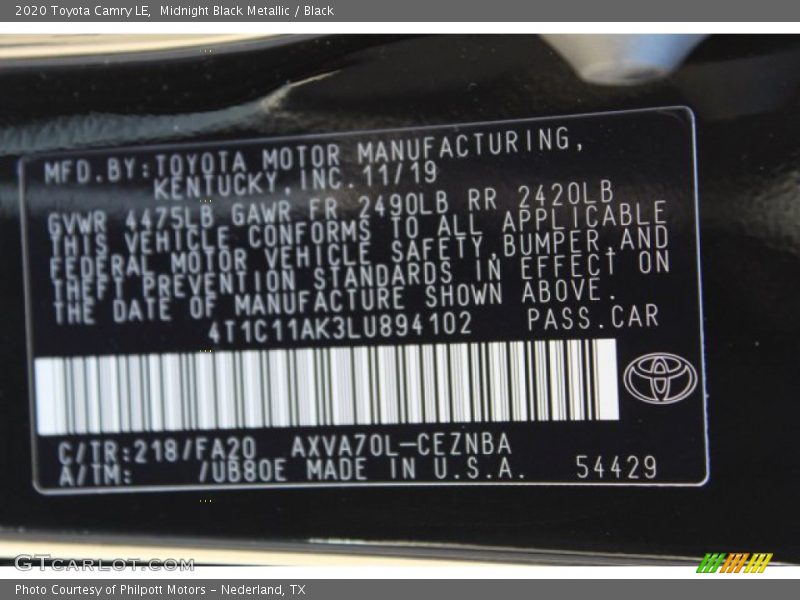 Midnight Black Metallic / Black 2020 Toyota Camry LE