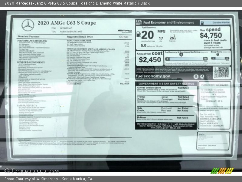  2020 C AMG 63 S Coupe Window Sticker