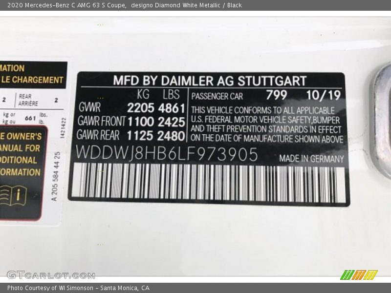 2020 C AMG 63 S Coupe designo Diamond White Metallic Color Code 799