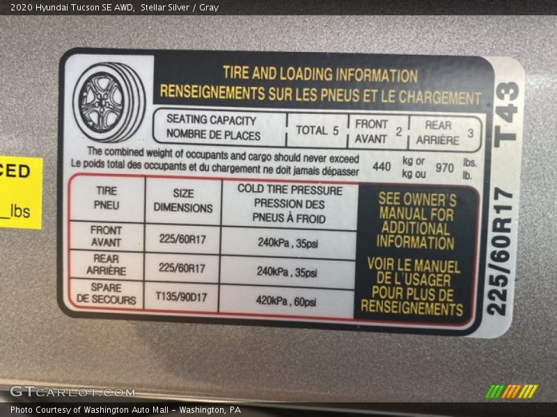 Info Tag of 2020 Tucson SE AWD