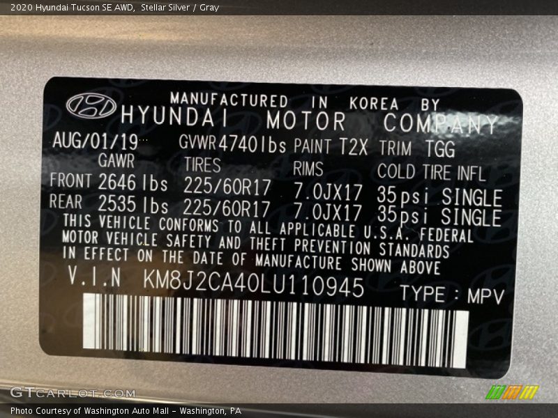2020 Tucson SE AWD Stellar Silver Color Code T2X