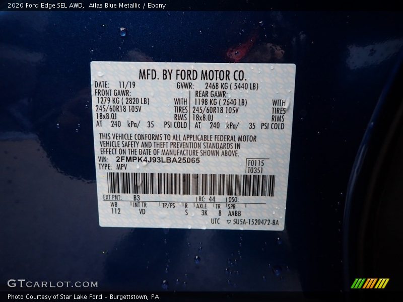 2020 Edge SEL AWD Atlas Blue Metallic Color Code B3