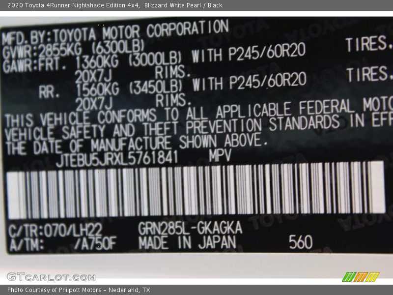 2020 4Runner Nightshade Edition 4x4 Blizzard White Pearl Color Code 070