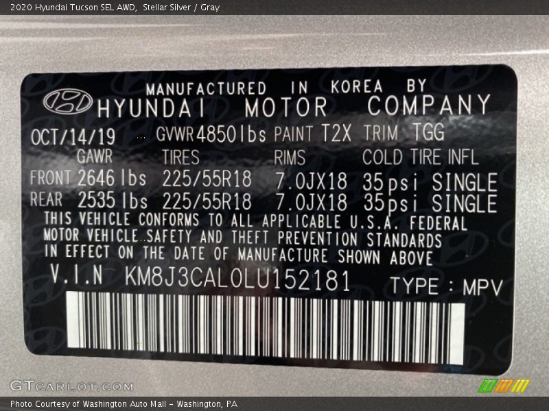 Stellar Silver / Gray 2020 Hyundai Tucson SEL AWD