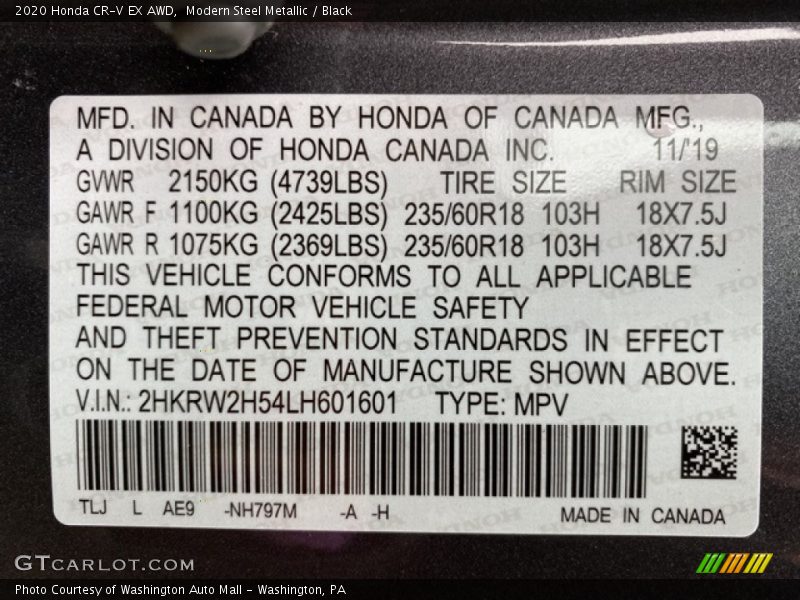 2020 CR-V EX AWD Modern Steel Metallic Color Code NH797M