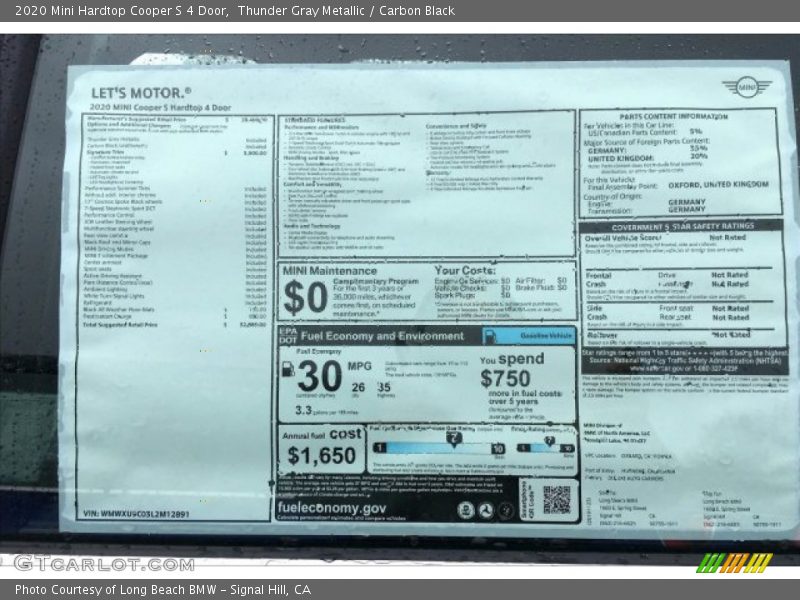  2020 Hardtop Cooper S 4 Door Window Sticker