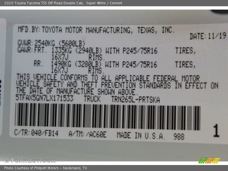 2020 Tacoma TSS Off Road Double Cab Super White Color Code 040