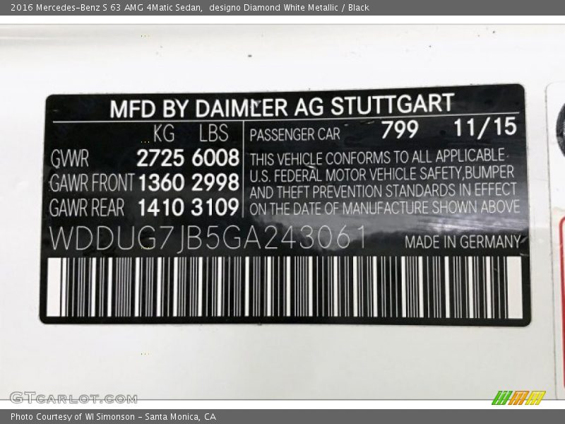 2016 S 63 AMG 4Matic Sedan designo Diamond White Metallic Color Code 799