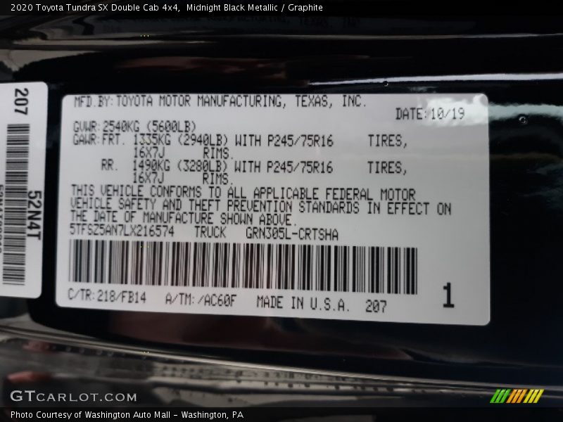 2020 Tundra SX Double Cab 4x4 Midnight Black Metallic Color Code 218