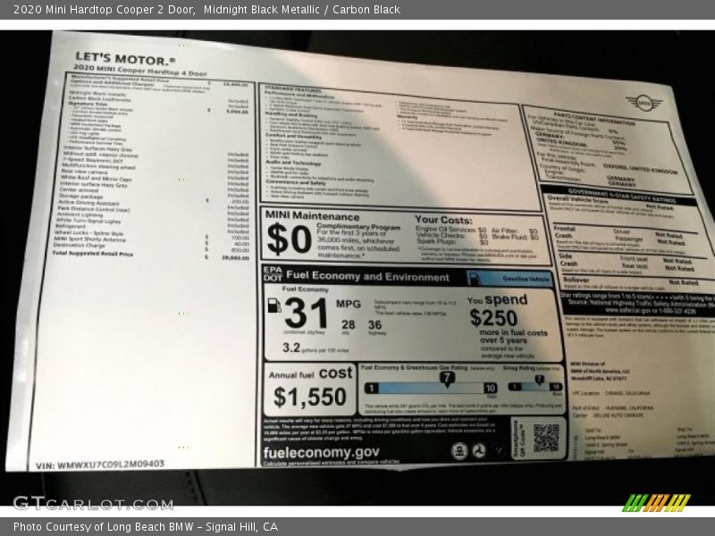 Midnight Black Metallic / Carbon Black 2020 Mini Hardtop Cooper 2 Door