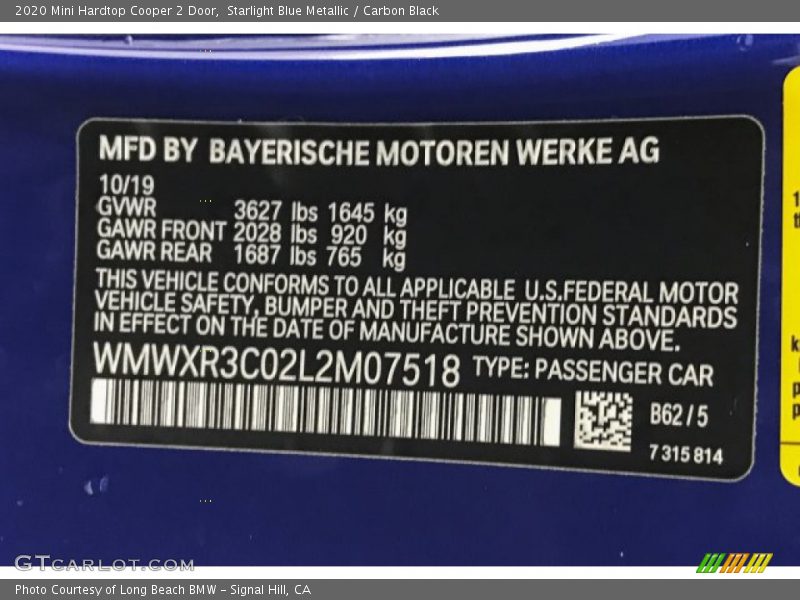 2020 Hardtop Cooper 2 Door Starlight Blue Metallic Color Code B62